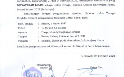 Pengumuman Hasil Akhir Rekrutmen Dosen tetap UPB 2022